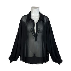Bisou Bisou Women Size XL Black Sheer Blouse V-Neck Long Split Sleeve Top Flowy